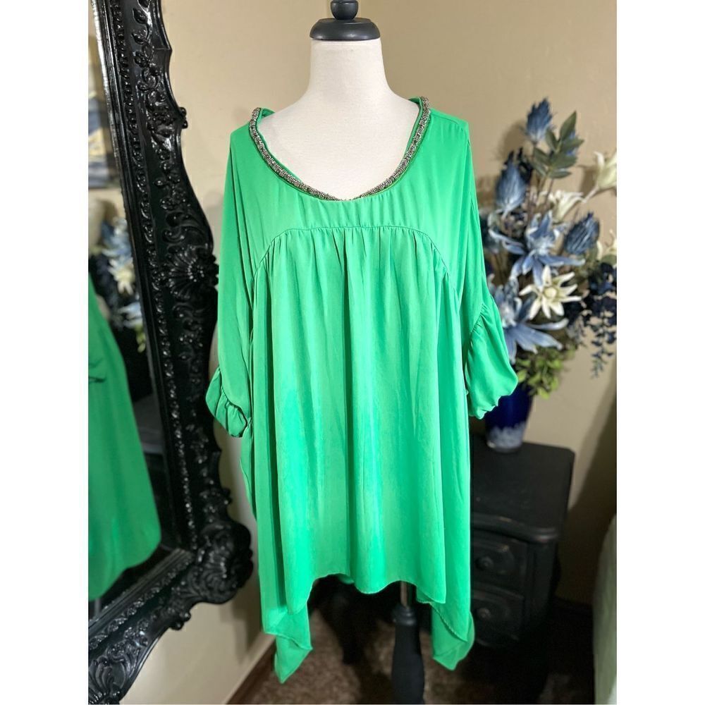 ASHRO Short Sleeve Plus Size Green Blouse Tunic Size 3X